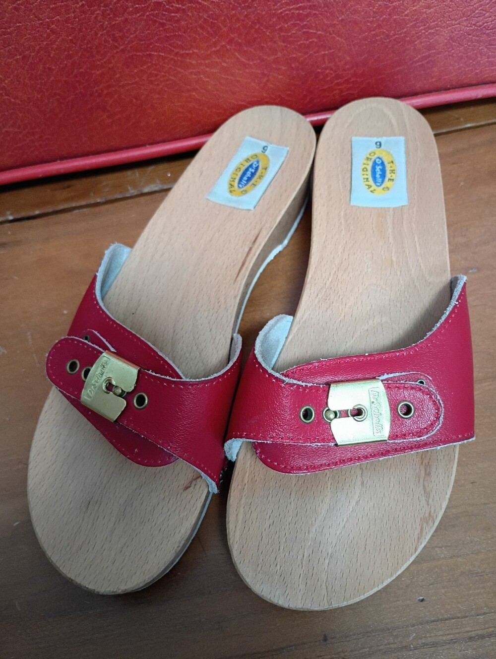 Dr Scholls Original Wooden Exercise Sandal Red Leather Size 9